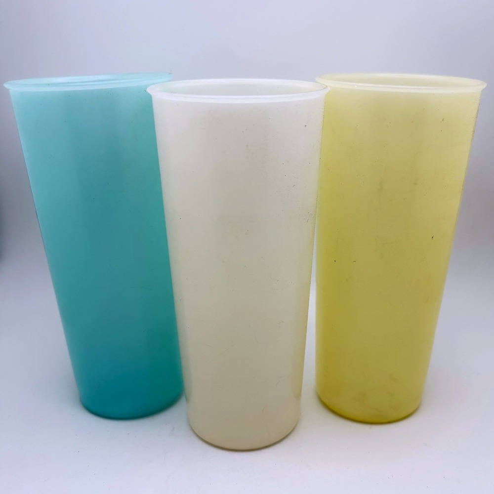 Vintage Tupperware Tumblers Set of 3 Pastel Blue White Yellow Tall Tapered Cups